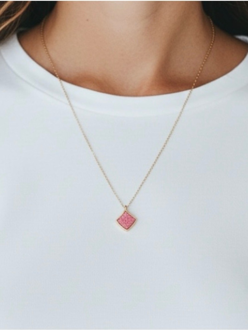 Gold Pendant Necklace with Pink Druzy Charm